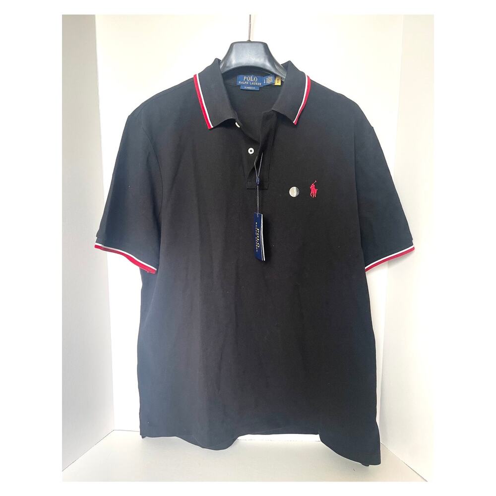 Polo Ralph Lauren Classic Fit Polo Shirt Black Red Striped Collar Mens L